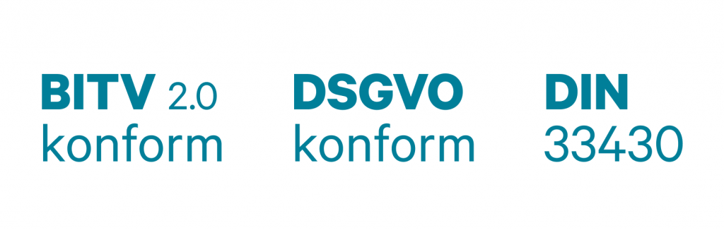 Logos für BITV 2.0 konform, DSGVO konform und DIN 33430