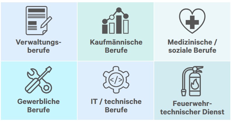 Kognitiver Leistungstest der Deutschen Gesellschaft für Personalwesen e. V. (dgp): Übersicht über vorkonfigurierte Testzusammenstellung für folgende Berufsbilder: Verwaltungsberufe, kaufmännische Berufe, medizinische und soziale Berufe, gewerbliche Berufe IT/technische Berufe, feuerwehrtechnischer Dienst