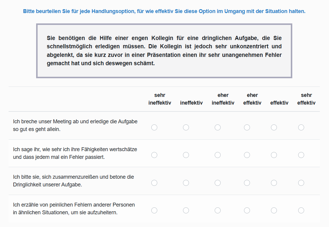 Beispiel-Item eines Situational Judgement Tests (Team-SJT) der Deutschen Gesellschaft für Personalwesen (dgp): berufliche Situation mit belasteter Kollegin und mehreren Handlungsoptionen, die auf einer Skala von „sehr ineffektiv“ bis „sehr effektiv“ bewertet werden.