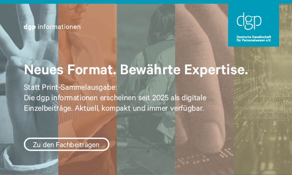 Headline: Neues Format. Bewährte Expertise. Subline: Kein Warten mehr aufs gedruckte Heft: Die dgp informationen erscheinen ab jetzt direkt als digitale Einzelbeiträge. Aktuell, kompakt und immer verfügbar. Button: Zu den Fachbeiträgen